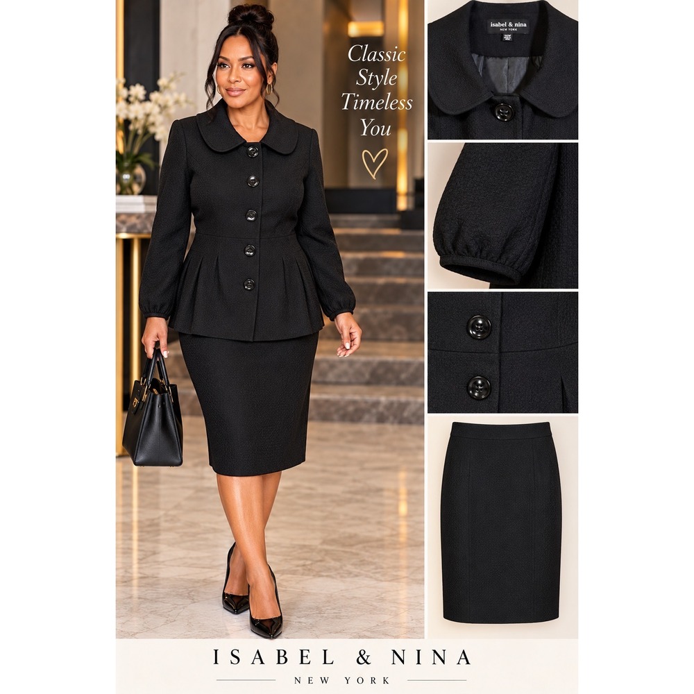 Isabel & Nina New York Women 14W Black Textured Peplum Jacket & Skirt Suit Set